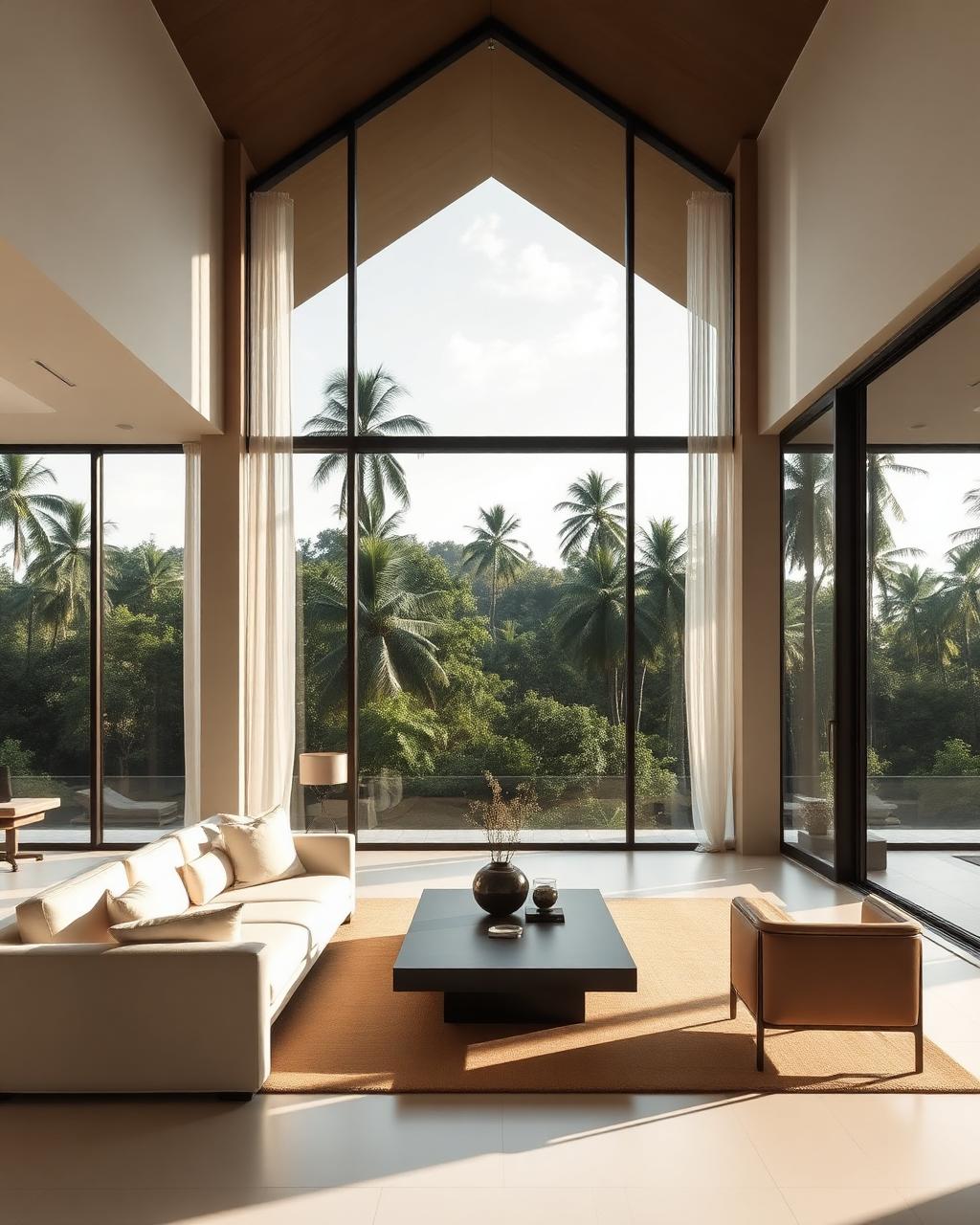 A modern luxury villa interior overlooking a tropical forest